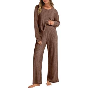 imageANRABESS Women 2 Piece Lounge Pajamas Sets Casual Ribbed Knit Long Sleeve Top Pants Matching Set 2025 Fall Outfits ClothesBrown