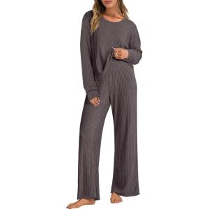 imageANRABESS Women 2 Piece Lounge Pajamas Sets Casual Ribbed Knit Long Sleeve Top Pants Matching Set 2025 Fall Outfits ClothesDark Brown