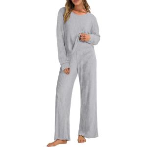 imageANRABESS Women 2 Piece Lounge Pajamas Sets Casual Ribbed Knit Long Sleeve Top Pants Matching Set 2025 Fall Outfits ClothesGrey