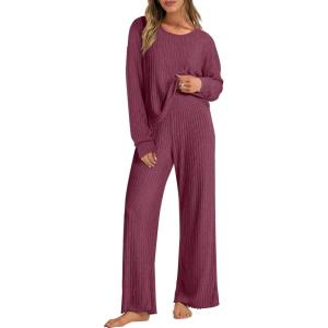 imageANRABESS Women 2 Piece Lounge Pajamas Sets Casual Ribbed Knit Long Sleeve Top Pants Matching Set 2025 Fall Outfits ClothesRed