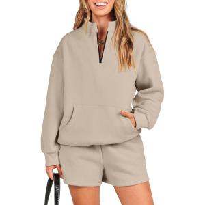 imageANRABESS Women 2 Piece Outfits Sweatshirt Shorts Sets 2024 Oversized Casual Lounge Sweat Set Sweatsuit Workout TracksuitCamel