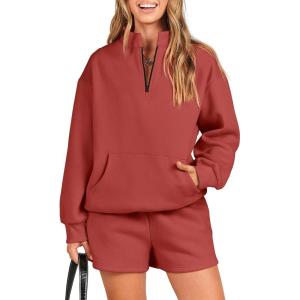imageANRABESS Women 2 Piece Outfits Sweatshirt Shorts Sets 2024 Oversized Casual Lounge Sweat Set Sweatsuit Workout TracksuitRust