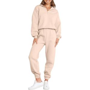 imageANRABESS Women 2 Piece Outfits Sweatsuit Oversized Half Zip Sweatshirt Jogger Sweatpants Tracksuit Lounge Set 2024 ClothesBeige
