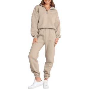 imageANRABESS Women 2 Piece Outfits Sweatsuit Oversized Half Zip Sweatshirt Jogger Sweatpants Tracksuit Lounge Set 2024 ClothesBrown