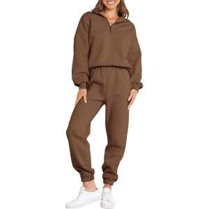 imageANRABESS Women 2 Piece Outfits Sweatsuit Oversized Half Zip Sweatshirt Jogger Sweatpants Tracksuit Lounge Set 2024 ClothesCoffee
