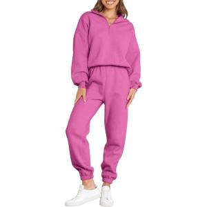 imageANRABESS Women 2 Piece Outfits Sweatsuit Oversized Half Zip Sweatshirt Jogger Sweatpants Tracksuit Lounge Set 2024 ClothesHot Pink
