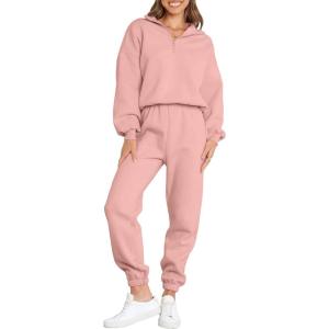 imageANRABESS Women 2 Piece Outfits Sweatsuit Oversized Half Zip Sweatshirt Jogger Sweatpants Tracksuit Lounge Set 2024 ClothesOrange Pink