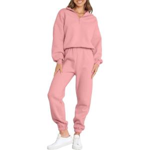 imageANRABESS Women 2 Piece Outfits Sweatsuit Oversized Half Zip Sweatshirt Jogger Sweatpants Tracksuit Lounge Set 2024 ClothesPink