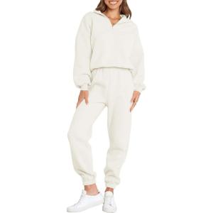 imageANRABESS Women 2 Piece Outfits Sweatsuit Oversized Half Zip Sweatshirt Jogger Sweatpants Tracksuit Lounge Set 2024 ClothesWhite
