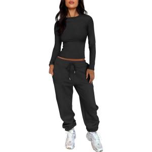 imageANRABESS Womens 2 Piece Sweatsuits Long Sleeve Tight Shirt Tops Joggers Fleece Sweatpants Sets 2024 Fall Sweat Lounge OutfitsBlack