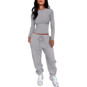 imageANRABESS Womens 2 Piece Sweatsuits Long Sleeve Tight Shirt Tops Joggers Fleece Sweatpants Sets 2024 Fall Sweat Lounge OutfitsGrey