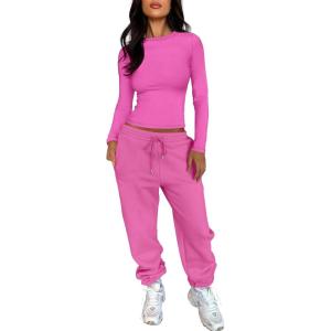 imageANRABESS Womens 2 Piece Sweatsuits Long Sleeve Tight Shirt Tops Joggers Fleece Sweatpants Sets 2024 Fall Sweat Lounge OutfitsHot Pink