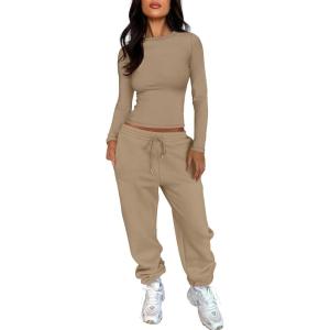 imageANRABESS Womens 2 Piece Sweatsuits Long Sleeve Tight Shirt Tops Joggers Fleece Sweatpants Sets 2024 Fall Sweat Lounge OutfitsKhaki