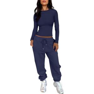 imageANRABESS Womens 2 Piece Sweatsuits Long Sleeve Tight Shirt Tops Joggers Fleece Sweatpants Sets 2024 Fall Sweat Lounge OutfitsNavy Blue