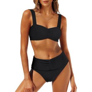 imageANRABESS Womens Bikini Set Tummy Control Push Up Two Piece Swimsuit 2025 Front Ruched Adjustable Strap Mid Waist Bathing SuitBlack