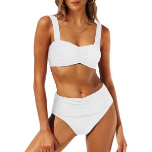 imageANRABESS Womens Bikini Set Tummy Control Push Up Two Piece Swimsuit 2025 Front Ruched Adjustable Strap Mid Waist Bathing SuitWhite