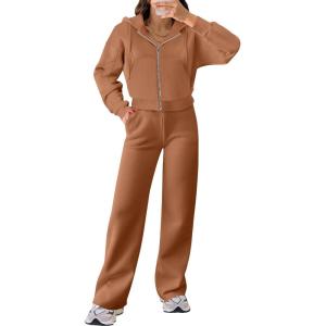 imageANRABESS Women 2 Piece Outfits Sweatsuit Zip Up Crop Hoodies SweatPants Lounge Matching Sweat Set 2024 Winter Trendy ClothesCoffee