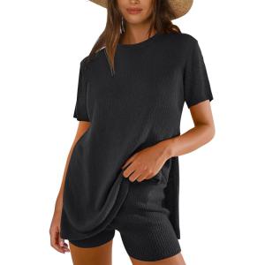imageANRABESS Women Summer 2 Piece Outfits Knit Short Sets Casual Sweater Top ampamp Shorts Matching Lounge Set 2025 Beach ClothesBlack