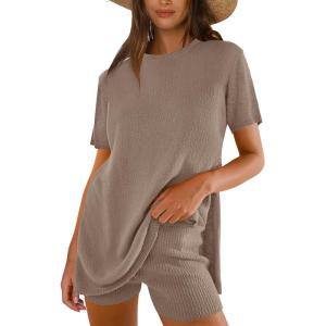 imageANRABESS Women Summer 2 Piece Outfits Knit Short Sets Casual Sweater Top ampamp Shorts Matching Lounge Set 2025 Beach ClothesCamel