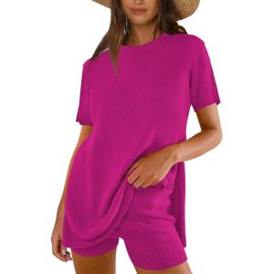 imageANRABESS Women Summer 2 Piece Outfits Knit Short Sets Casual Sweater Top ampamp Shorts Matching Lounge Set 2025 Beach ClothesHot Pink