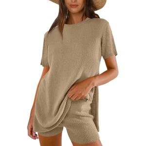imageANRABESS Women Summer 2 Piece Outfits Knit Short Sets Casual Sweater Top ampamp Shorts Matching Lounge Set 2025 Beach ClothesLight Khaki