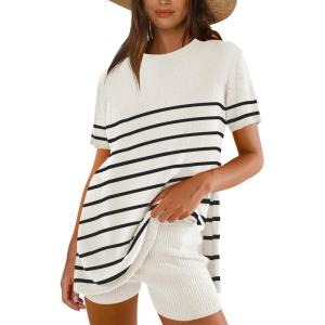 imageANRABESS Women Summer 2 Piece Outfits Knit Short Sets Casual Sweater Top ampamp Shorts Matching Lounge Set 2025 Beach ClothesStriped Black