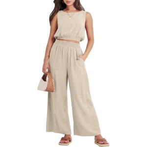 imageANRABESS Womens Summer 2 Piece Outfits Sleeveless Crop Top Tank and Wide Leg Pants Linen Jumpsuit Beach Vacation SetsApricot