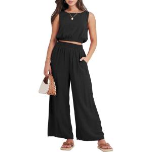 imageANRABESS Womens Summer 2 Piece Outfits Sleeveless Crop Top Tank and Wide Leg Pants Linen Jumpsuit Beach Vacation SetsBlack