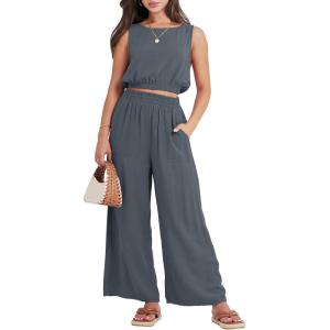 imageANRABESS Womens Summer 2 Piece Outfits Sleeveless Crop Top Tank and Wide Leg Pants Linen Jumpsuit Beach Vacation SetsGrey