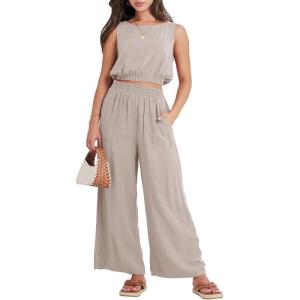 imageANRABESS Womens Summer 2 Piece Outfits Sleeveless Crop Top Tank and Wide Leg Pants Linen Jumpsuit Beach Vacation SetsLight Grey