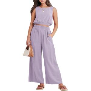 imageANRABESS Womens Summer 2 Piece Outfits Sleeveless Crop Top Tank and Wide Leg Pants Linen Jumpsuit Beach Vacation SetsLight Purple