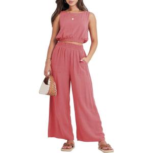 imageANRABESS Womens Summer 2 Piece Outfits Sleeveless Crop Top Tank and Wide Leg Pants Linen Jumpsuit Beach Vacation SetsPeach