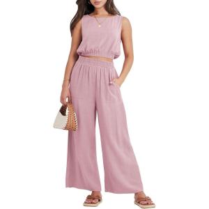 imageANRABESS Womens Summer 2 Piece Outfits Sleeveless Crop Top Tank and Wide Leg Pants Linen Jumpsuit Beach Vacation SetsPink
