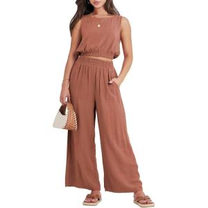 imageANRABESS Womens Summer 2 Piece Outfits Sleeveless Crop Top Tank and Wide Leg Pants Linen Jumpsuit Beach Vacation SetsRust