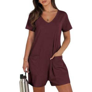 imageANRABESS Womens Summer Casual Rompers Short Sleeve V Neck Loose Fit Jumpsuit 2025 Trendy One Piece Jumps with PocketsBurgundy
