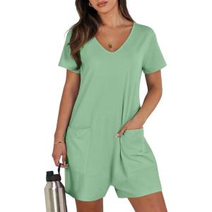 imageANRABESS Womens Summer Casual Rompers Short Sleeve V Neck Loose Fit Jumpsuit 2025 Trendy One Piece Jumps with PocketsLight Green