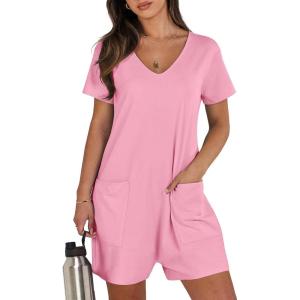 imageANRABESS Womens Summer Casual Rompers Short Sleeve V Neck Loose Fit Jumpsuit 2025 Trendy One Piece Jumps with PocketsPink