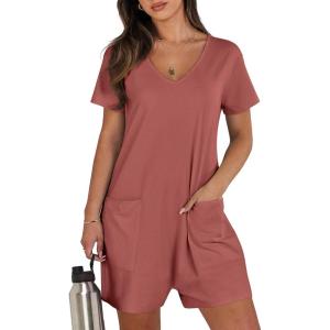 imageANRABESS Womens Summer Casual Rompers Short Sleeve V Neck Loose Fit Jumpsuit 2025 Trendy One Piece Jumps with PocketsRust