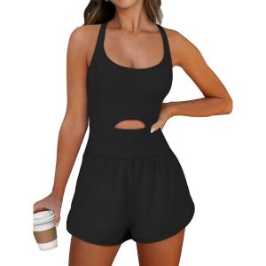 imageCaracilia Womens Workout Athletic Romper Summer Sets Short Jumpsuits Onesie Running Outfits Exercise Gym 2025 Trendy ClothesBlack