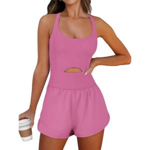 imageCaracilia Womens Workout Athletic Romper Summer Sets Short Jumpsuits Onesie Running Outfits Exercise Gym 2025 Trendy ClothesDeep Pink