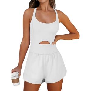 imageCaracilia Womens Workout Athletic Romper Summer Sets Short Jumpsuits Onesie Running Outfits Exercise Gym 2025 Trendy ClothesWhite