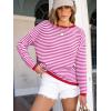 imageANRABESS Womens Sweaters Striped Color Block Long Sleeve Crewneck Casual Loose Knitted Pullover Shirts 2025 Fall Trendy TopsRed White Pink