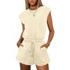 imageANRABESS Rompers for Women Summer 2025 Casual Cap Sleeve Crewneck Drawstring One Piece Jumpsuit Outfits with PocketsBeige
