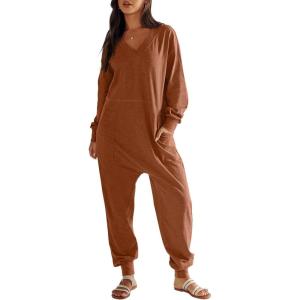 imageANRABESS Jumpsuits for Women 2024 Fall Long Sleeve Casual Loose Fit Romper Lounge One Piece Pajamas Outfits JumperBurnt Orange