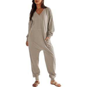 imageANRABESS Jumpsuits for Women 2024 Fall Long Sleeve Casual Loose Fit Romper Lounge One Piece Pajamas Outfits JumperGrey Beige