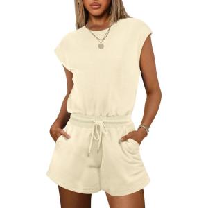 imageANRABESS Rompers for Women Summer 2025 Casual Cap Sleeve Crewneck Drawstring One Piece Jumpsuit Outfits with PocketsBeige