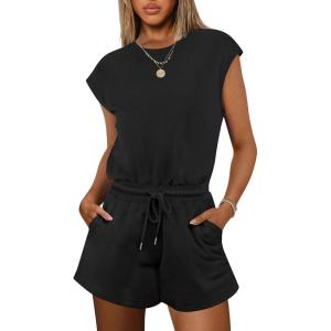 imageANRABESS Rompers for Women Summer 2025 Casual Cap Sleeve Crewneck Drawstring One Piece Jumpsuit Outfits with PocketsBlack