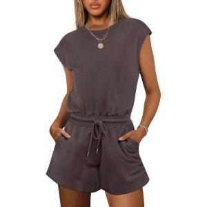 imageANRABESS Rompers for Women Summer 2025 Casual Cap Sleeve Crewneck Drawstring One Piece Jumpsuit Outfits with PocketsBrown