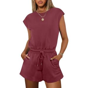 imageANRABESS Rompers for Women Summer 2025 Casual Cap Sleeve Crewneck Drawstring One Piece Jumpsuit Outfits with PocketsBurgundy
