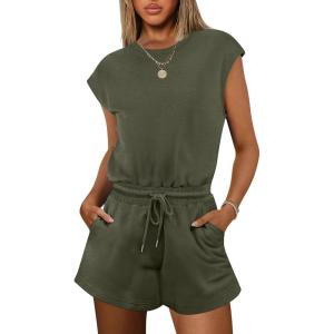 imageANRABESS Rompers for Women Summer 2025 Casual Cap Sleeve Crewneck Drawstring One Piece Jumpsuit Outfits with PocketsDark Green